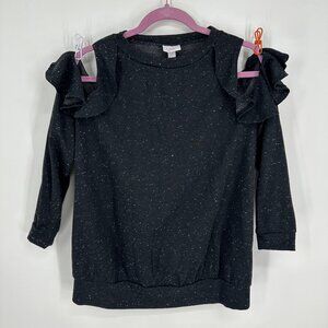 3/$25 Isabel Maternity Top XS Ruffle Trim Cold Shoulder Black 3/4 Sleeves Crew